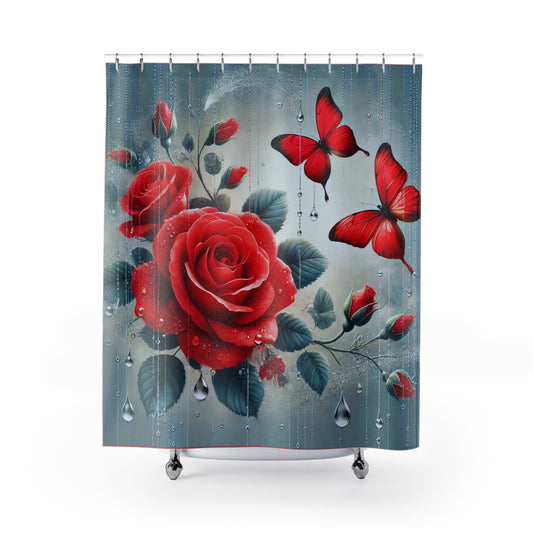 Add Elegance and Tranquility to Your Bathroom with Our "Red Roses & Butterflies" Shower Curtain!