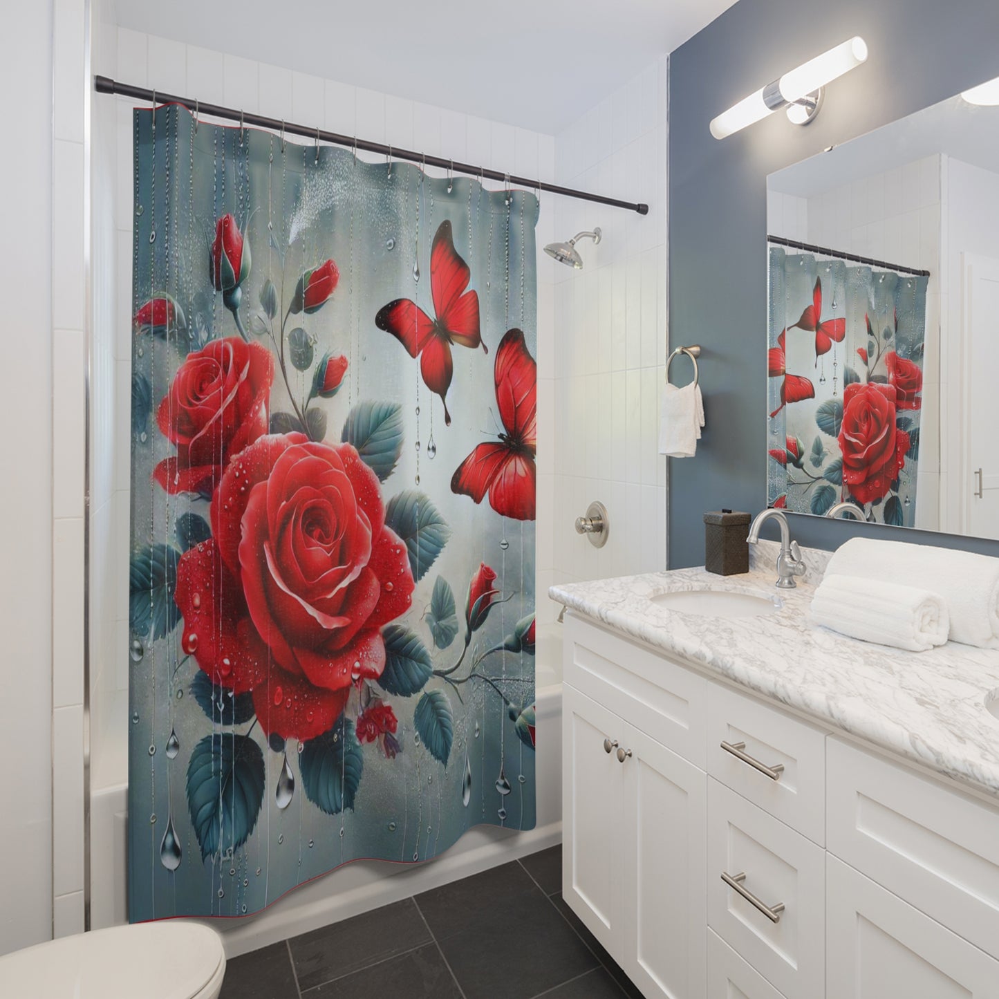 Add Elegance and Tranquility to Your Bathroom with Our "Red Roses & Butterflies" Shower Curtain!