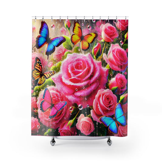 Transform Your Bathroom with Our "Pink Roses & Butterflies" Shower Curtain!