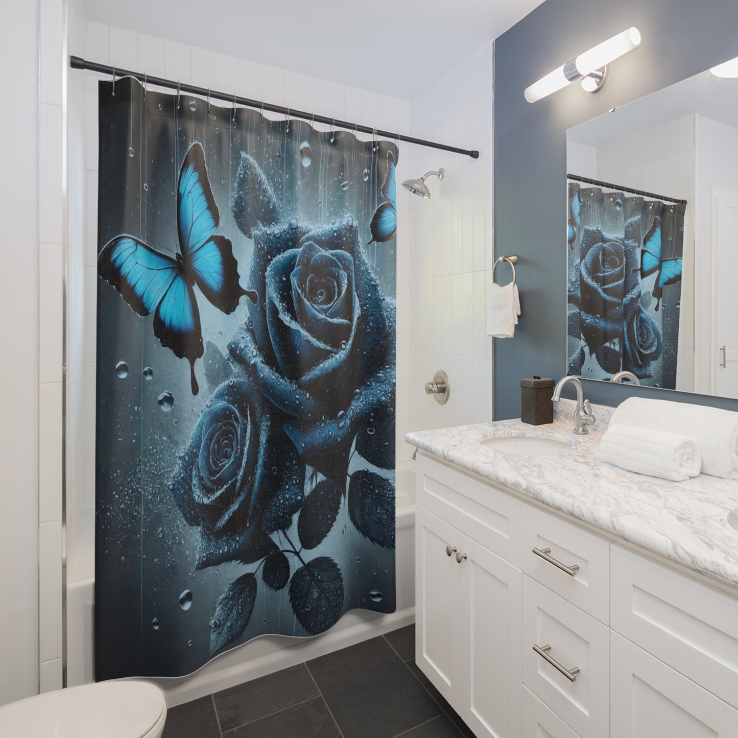 Elevate Your Bathroom with Our "Midnight Blue Roses & Butterflies" Shower Curtain!