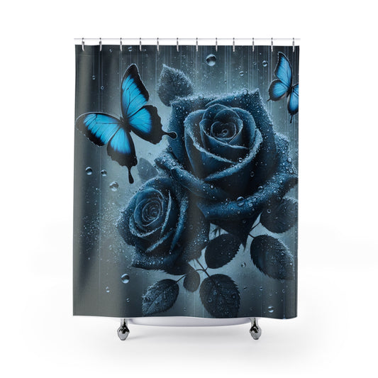 Elevate Your Bathroom with Our "Midnight Blue Roses & Butterflies" Shower Curtain!